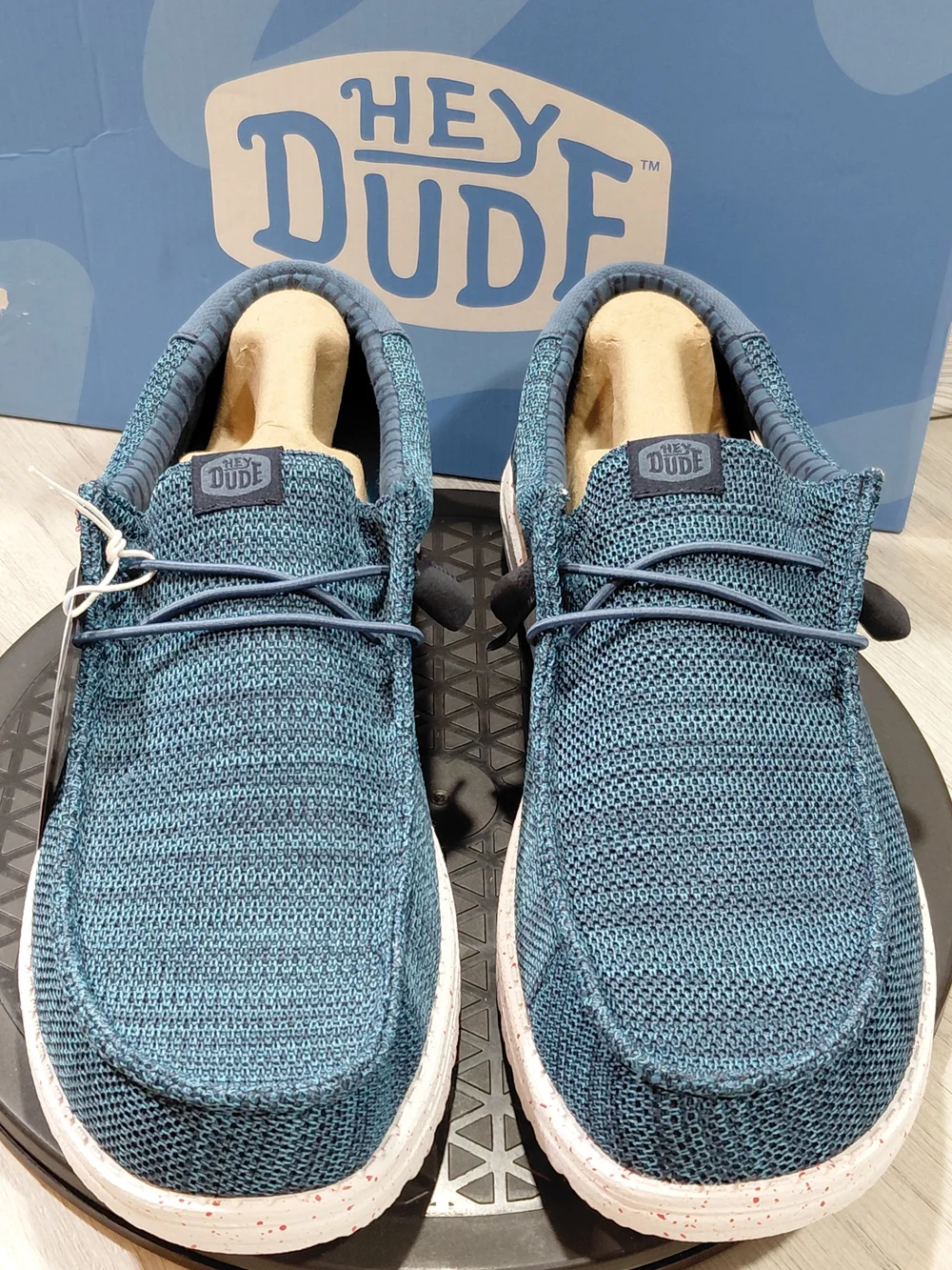 NWT Hey Dude Men's Wally Stretch Sox Slip-On Loafers in Teal Blue Red Accent M12